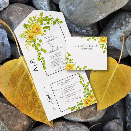 Gelbe Blumen, Bogen und Monogramm-Hochzeit im Herb All In One Einladung