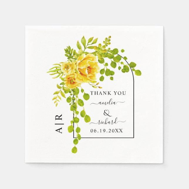 Gelbe Blumen, Bogen und Monogramm-Hochzeit im Herb Serviette (Vorderseite)