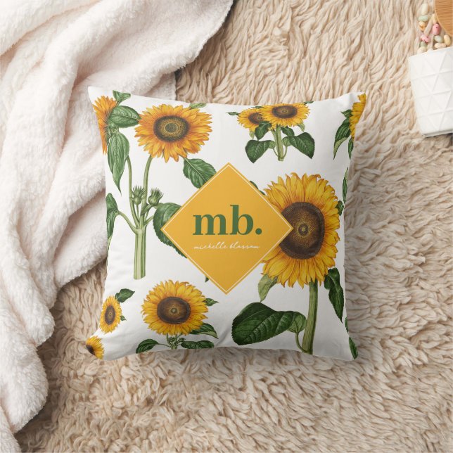 Gelbe Blumen Botanisches Blattgrün Monogramm Kissen (Decke)