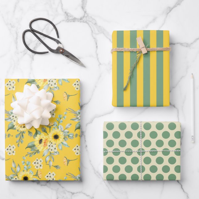 Gelbe Blumen Daisy Wrapping Paper Set 3 Geschenkpapier Set (Vorderseite)