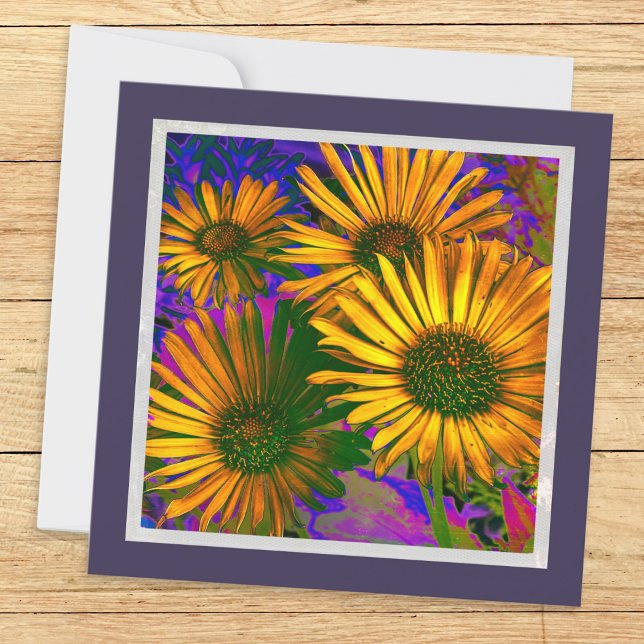 Gelbe Blumen Elegante Kunst, Dichtung und Musik Hü Karte (A beautiful square greetings card with image of bright yellow flowers and vibrant colors)