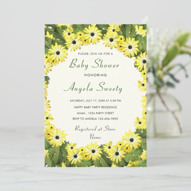 Gelbe Blumen Gerahmte Babydusche Einladung (Stehend Vorderseite)