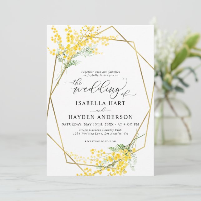 Gelbe Blumen Golden Floral Gold Rahmen Hochzeit Einladung (Stehend Vorderseite)