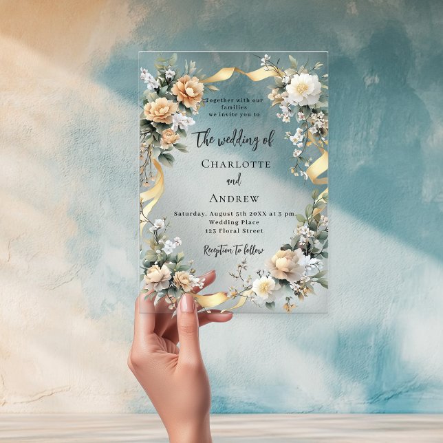 Gelbe Blumen goldenes Band klare Hochzeit Acryleinladungen (Von Creator hochgeladen)