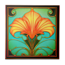 Gelbe Blumen Grüne Blätter Art Deco Keramik Tile Fliese