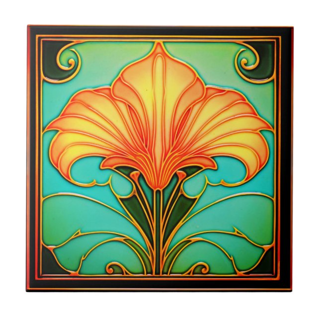 Gelbe Blumen Grüne Blätter Art Deco Keramik Tile Fliese (Vorderseite)