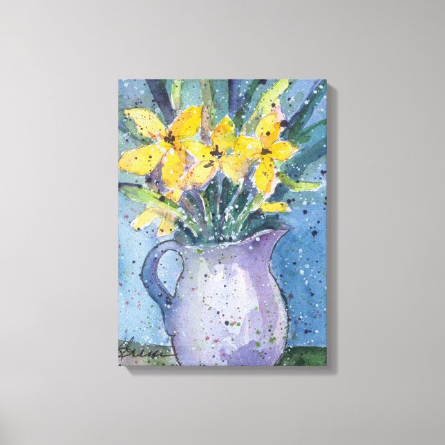 Gelbe Blumen in Blauer Vase, Aquarell Leinwanddruck (Vorderseite)