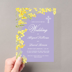 Gelbe Blumen Lavendel Arch Religiöse Hochzeit Acryleinladungen