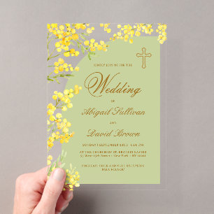 Gelbe Blumen Lavendel Bogen Religiöse Hochzeit Acryleinladungen