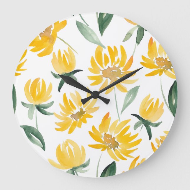 Gelbe Blumen Leaf Sommermuster Große Wanduhr (Vorderseite)