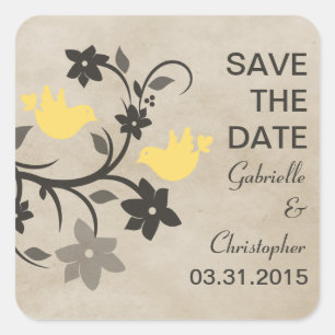 Gelbe Blumen-Liebesvögel Save-the-Date-Aufkleber Quadratischer Aufkleber