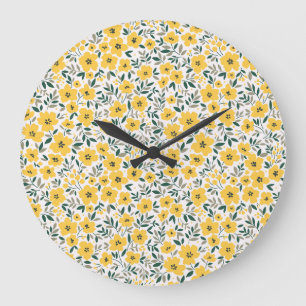 Gelbe Blumen: Moderne Blumen nahtlos. Große Wanduhr