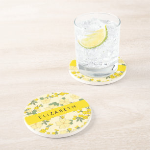 Gelbe Blumen, Muster von Blume, Ihr Name Getränkeuntersetzer