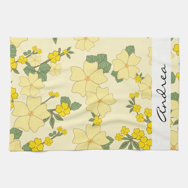 Gelbe Blumen, Muster von Blume, Ihr Name Küchentuch (Horizontal)
