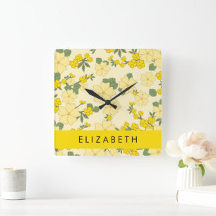 Gelbe Blumen, Muster von Blume, Ihr Name Quadratische Wanduhr