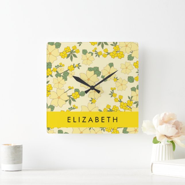 Gelbe Blumen, Muster von Blume, Ihr Name Quadratische Wanduhr (Zuhause)
