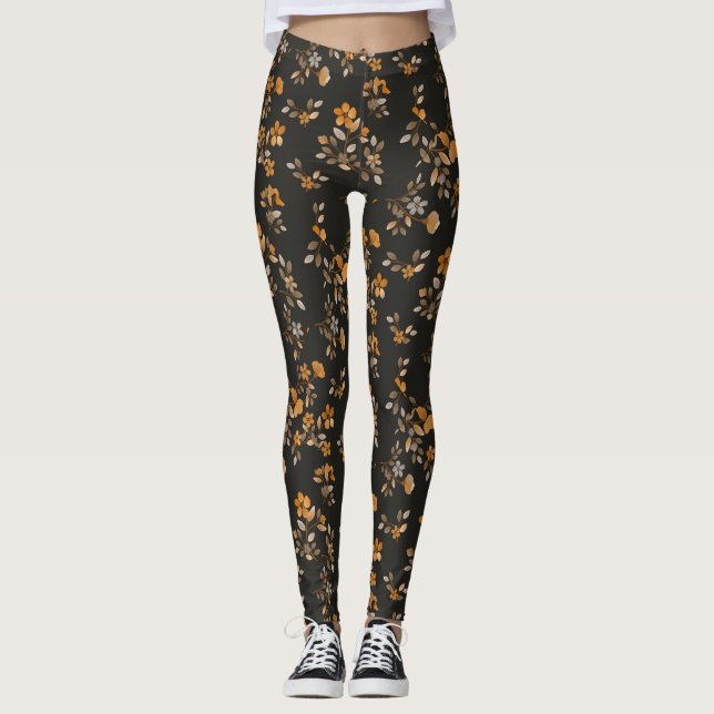 Gelbe Blumen Schwarze Blüten Hütte Kernstil Leggings (Vorderseite)