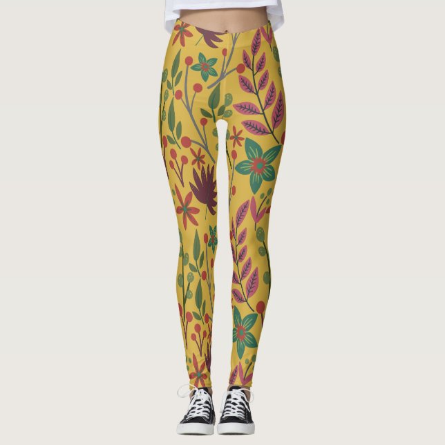 Gelbe Blumen und Blätter mit nahtlosem Blumenmuste Leggings (Vorderseite)