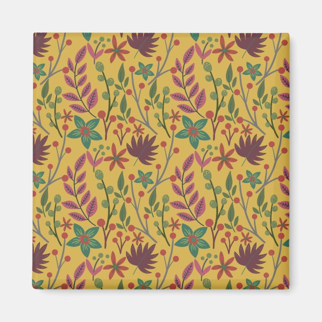 Gelbe Blumen und Blätter mit nahtlosem Blumenmuste Magnet (Vorne)