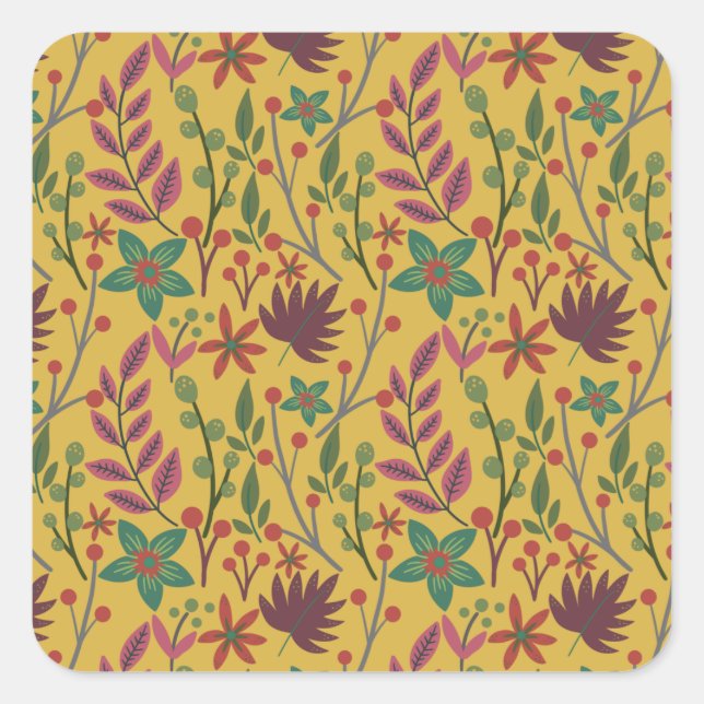 Gelbe Blumen und Blätter mit nahtlosem Blumenmuste Quadratischer Aufkleber (Vorderseite)