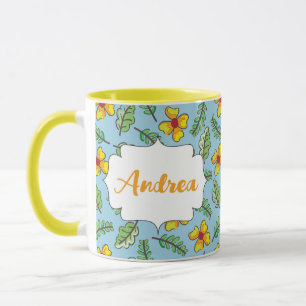 Gelbe Blumen und Blätter Name Tasse