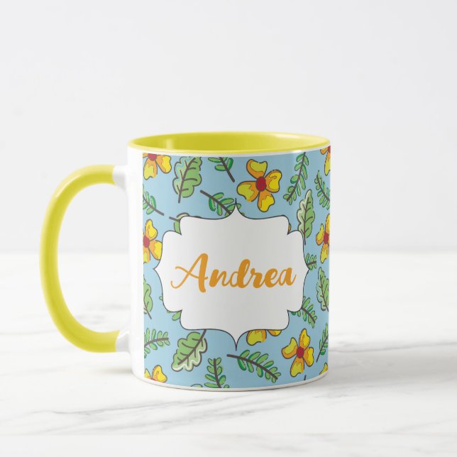 Gelbe Blumen und Blätter Name Tasse (Links)