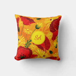 Gelbe Blumen und Rote Pflaumen Mit Monogramm Kissen