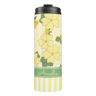 Gelbe Blumen und Streifen Personalisiert Thermosbecher