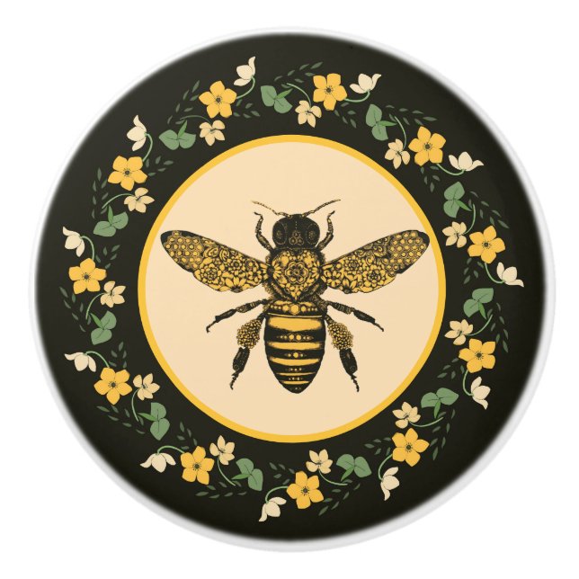 Gelbe Blumen und Viktorianische Bienen Keramikknauf (Vorderseite)