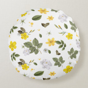 Gelbe Blumen und Weiße Rosen 3 Rundes Kissen