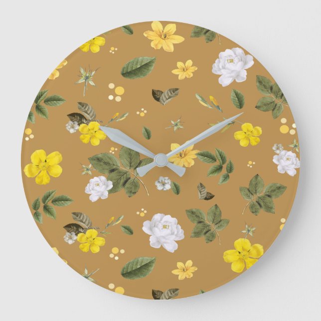 Gelbe Blumen und Weiße Rosen 4 Große Wanduhr (Vorderseite)