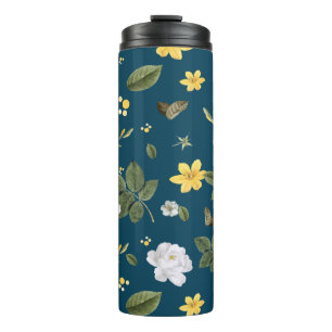 Gelbe Blumen und weiße Rosen Thermosbecher