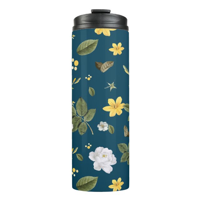 Gelbe Blumen und weiße Rosen Thermosbecher (Vorderseite)