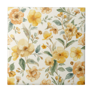Gelbe Blumen Wasserfarbe Botanisch Floral Fliese
