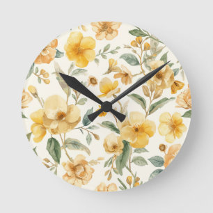 Gelbe Blumen Wasserfarbe Botanisch Floral Runde Wanduhr