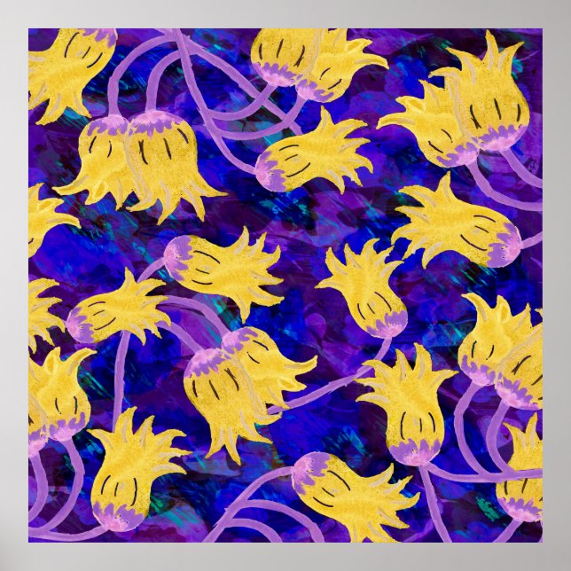 Gelbe Blumen Wasserfarben nahtloses Muster Poster (Vorne)