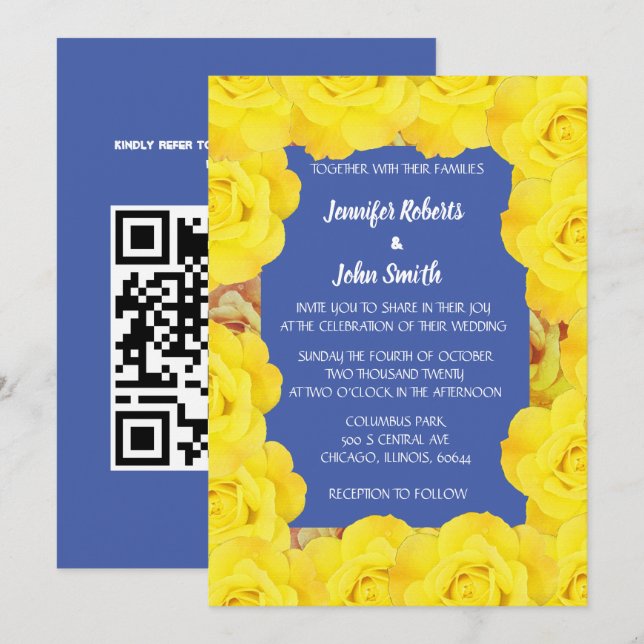 Gelbe Blumenblauer Vintage Rose QR Code Hochzeit Einladung (Vorne/Hinten)