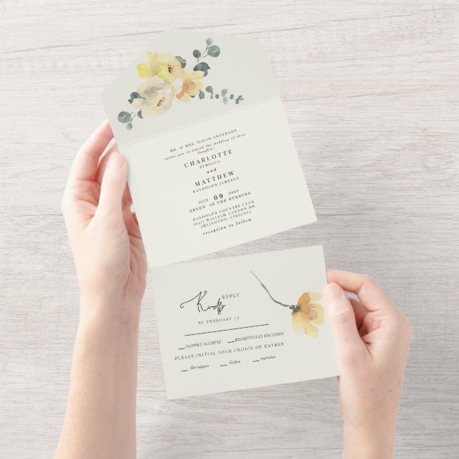 Gelbe Blumencreme Hochzeitstorte All In One Einladung (Abreißen)