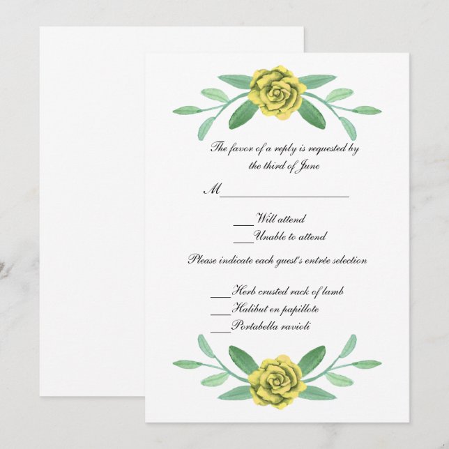 Gelbe Blumengrün Foliage Hochzeitreaktion Einladung (Vorne/Hinten)