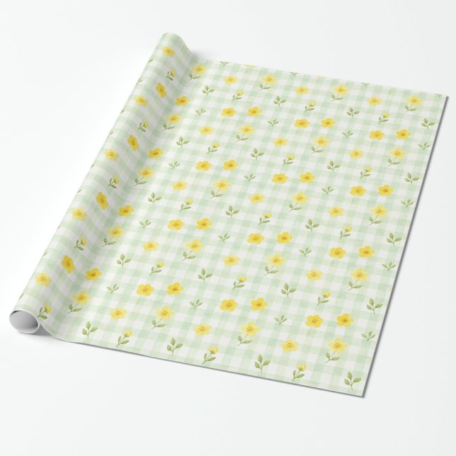Gelbe Blumengrün kariert Wasserfarben Geschenkpapi Geschenkpapier (Ungerollt)