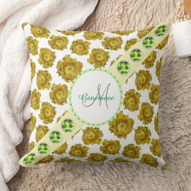 Gelbe Blumenmuster, grüne Edelsteine und Perlen Kissen (Decke)