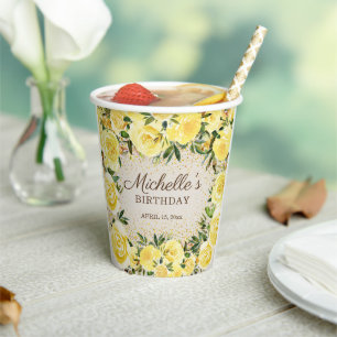 Gelbe Blumenrosen Gold Glitter Geburtstagsname Pappbecher