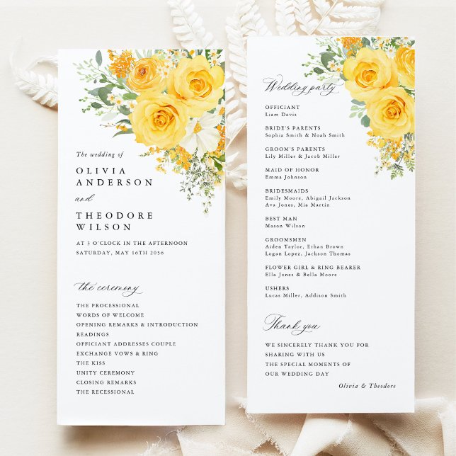 Gelbe Blumige Rosen Hochzeitszeremonie Programm (Yellow rose floral wedding program card, watercolor garden, elegant wedding ceremony program)