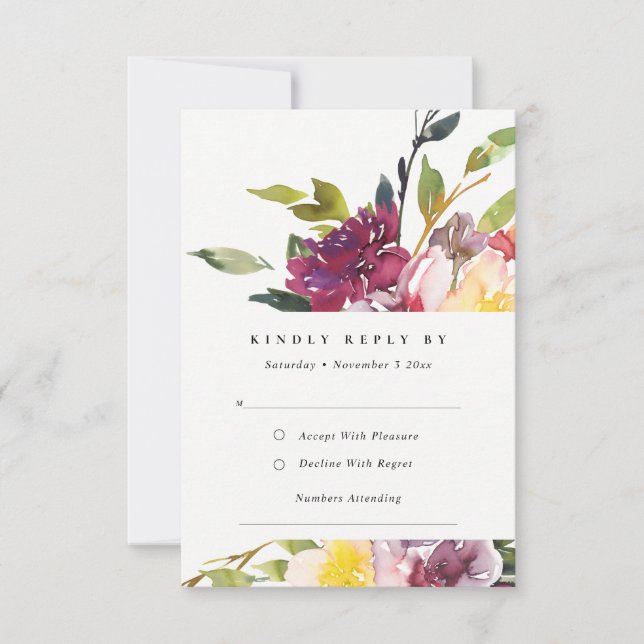 GELBE BLUSH BURGUNDY FLORAL BUNCH WEDING RSVP KARTE (Vorderseite)