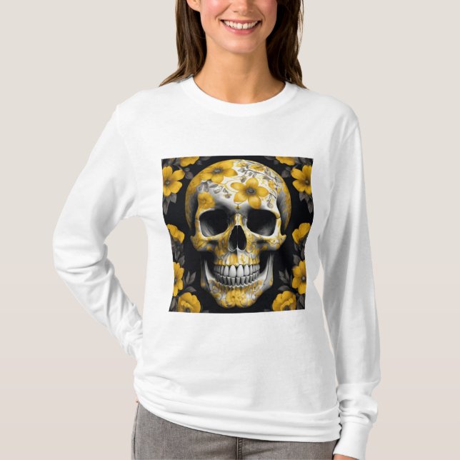 Gelbe Blüte 3D Toter Schädel mit gelben Blumen T-Shirt (Vorderseite)