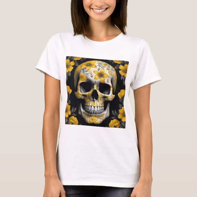Gelbe Blüte 3D Toter Schädel mit gelben Blumen T-Shirt (Vorderseite)