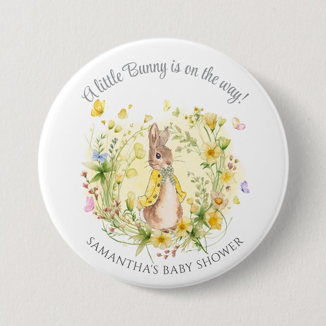 Gelbe Blüte Peter Rabbit Baby Duschfavoriten Button (Vorderseite)