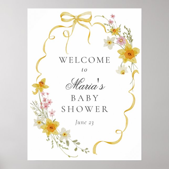 Gelbe Blüten und Bows Kinderdusche Begrüßungszeich Poster (Vorne)