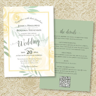 Gelbe Boho-Rosen Kalligrafie & QR-Code Hochzeit Einladung