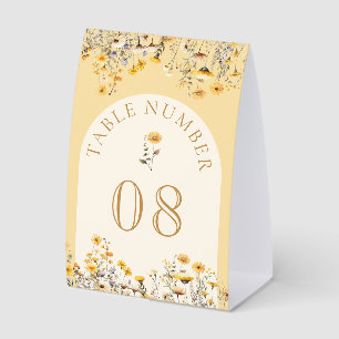 Gelbe Boho Wildblumen Blumen Hochzeit Tischnummer Tischaufsteller